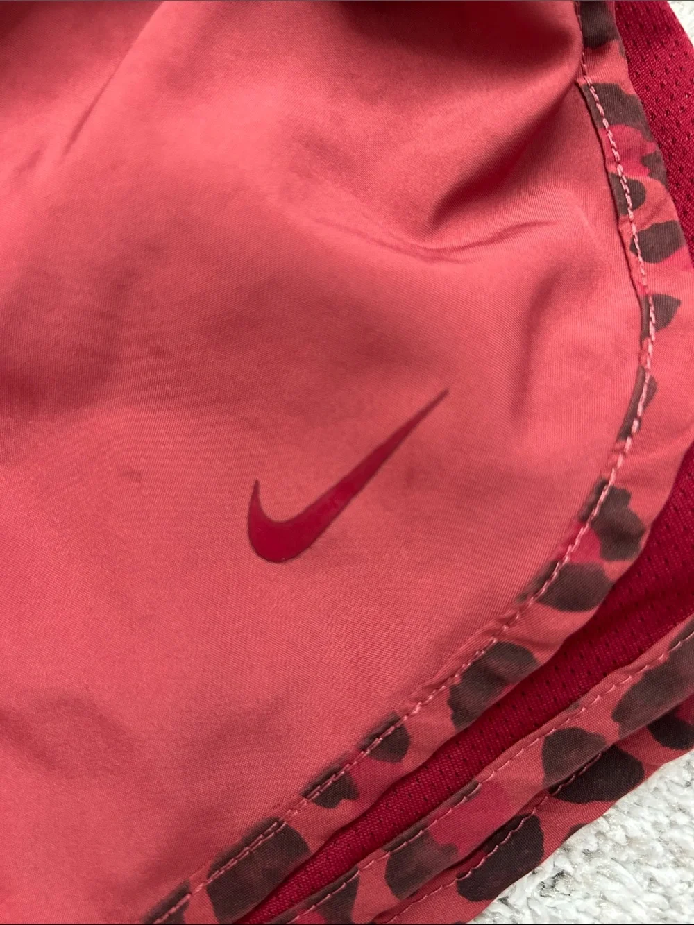 Nike Women’s Dark Red Athletic Running Shorts with Leopard Trim